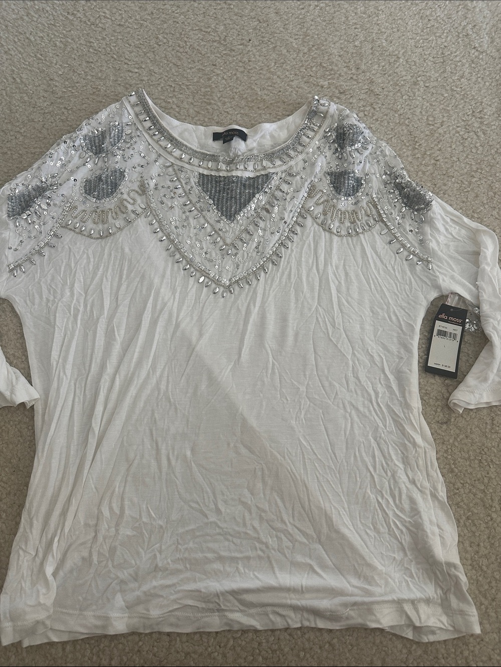 Ella Moss White Short Sleeve Top with Silver Beading